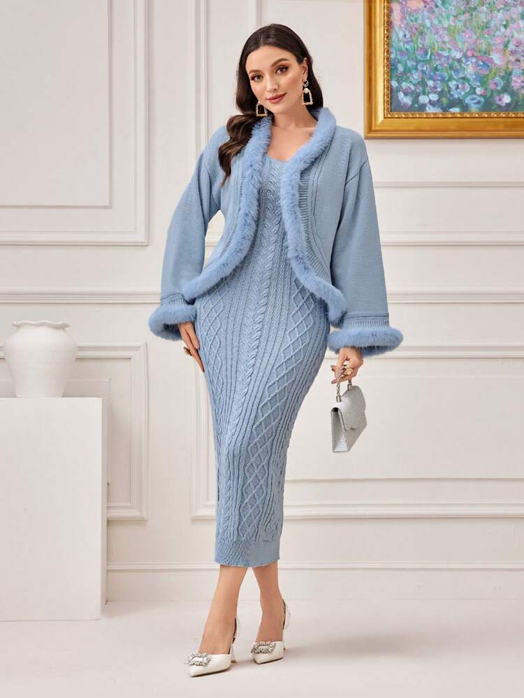 Fuzzy Trim Duster Cardigan & Cable Knit Sweater Dress 2 Piece Set Fall Winter Cloth For Women