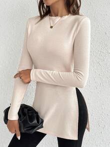 SHEIN Frenchy Solid Split Hem Tee - Apricot - View 5