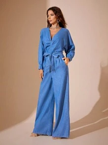 tay cánh Xù Thắt lưng Denim Áo liền quần - Màu xanh lam - Xem 5