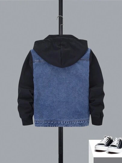 SHEIN 男童撞色连帽二合一牛仔外套（不含T恤），时尚秋冬款