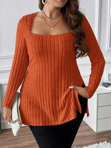 Calvaya 大碼方領下擺開叉T恤 - 橘色 - 查看 6