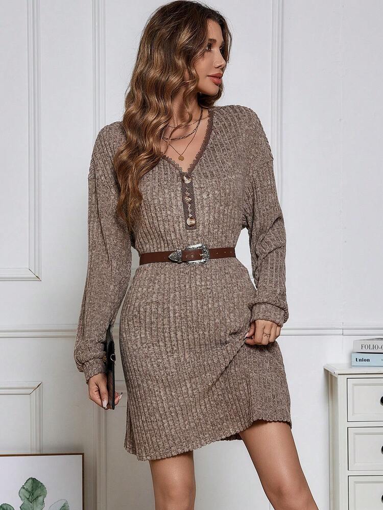 Women's V-neck Lace Panel Ribbed Dress Without Belt