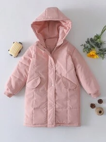 SHEIN Tween Girl Flap Detail Hooded Padded Coat - Baby Pink - View 1