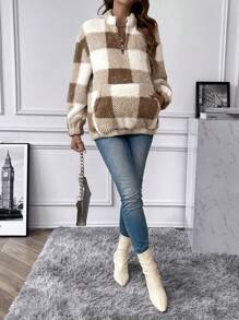 SHEIN Thai sản In kẻ sọc Buffalo Túi kangaroo Thả vai 	
Fuzzy Áo nỉ - Nhiều màu - Xem 6