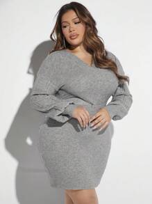 SHEIN SXY Plus Drop Shoulder Bodycon Sweater Dress - Grey - View 7