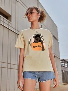 SHEIN EZwear 人物和字母圖案T恤 - 杏色 - 查看 5