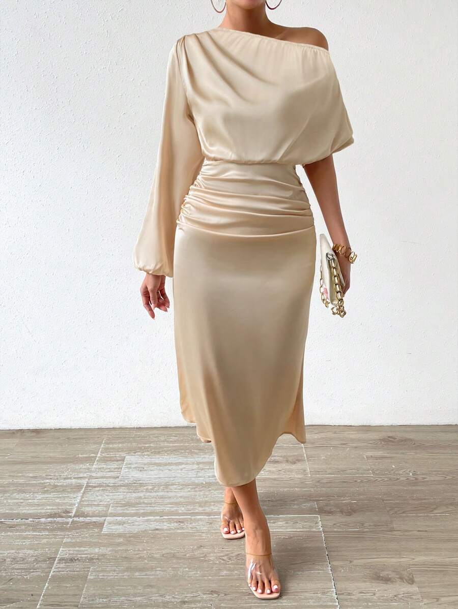 Chiquease Asymmetrical Neck Ruched Detail Lantern Sleeve Dress Fall Cloth For Women - Apricot - View 1