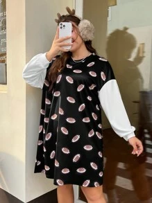 SHEIN EZwear Women's Plus Size Rugby Printed Colorblock Dress - Black and White - View 1