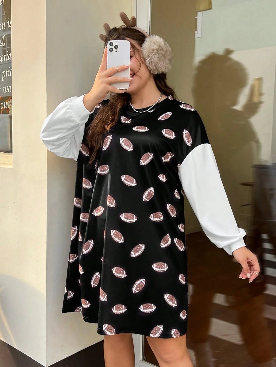 SHEIN EZwear Women's Plus Size Rugby Printed Colorblock Dress - Black and White - View 1