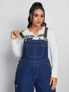 SHEIN ICON 大碼翻蓋口袋牛仔背帶褲不帶T恤 - 深色水洗藍 - 查看 6