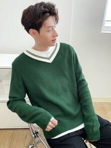 Aesthetic Post Nam Sọc trang trí Thả vai Áo len Without Tee - màu xanh lá - Xem 3