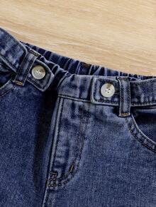 Young Girl Off-Shoulder T-Shirt & Casual Elastic Waist Denim Pants - Dark Wash - View 4