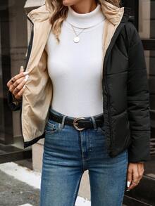 SHEIN Frenchy Zip Up Hooded Padded Coat For Winter - Black and White - View 3