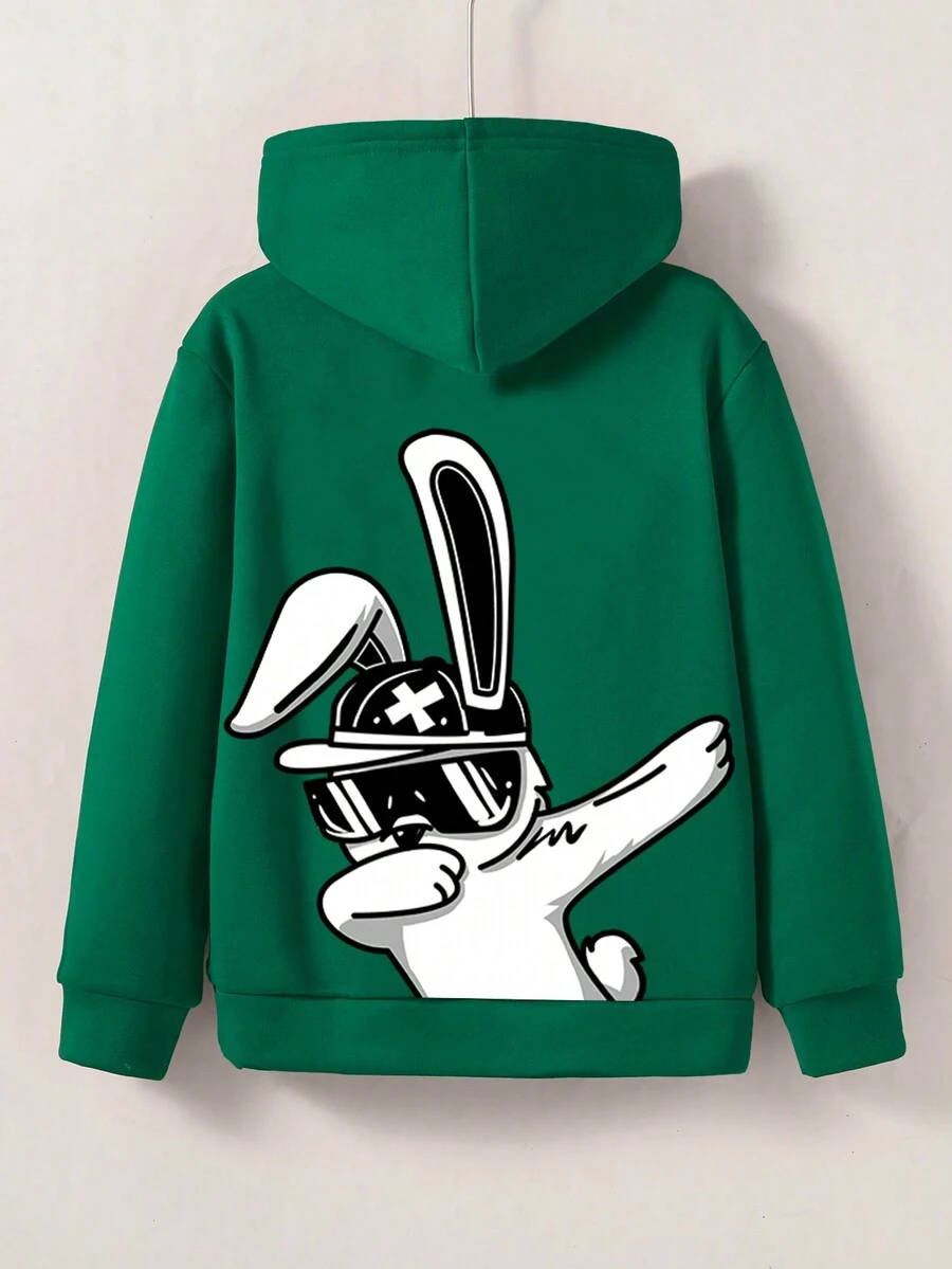 SHEIN Áo nỉ in hình hoạt hình dành cho bé trai tuổi teen - màu xanh lá - Xem 1