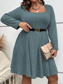 Vionelle Plus Ribbed Knit Scoop Neck A-Line Dress Without Belt Fall Cloth For Women - Dusty Blue - View 4