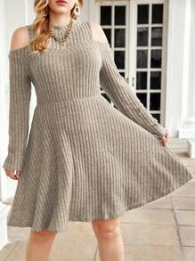 Flirla 大碼挖肩條紋針織洋裝不附腰帶 - 杏色 - 查看 6