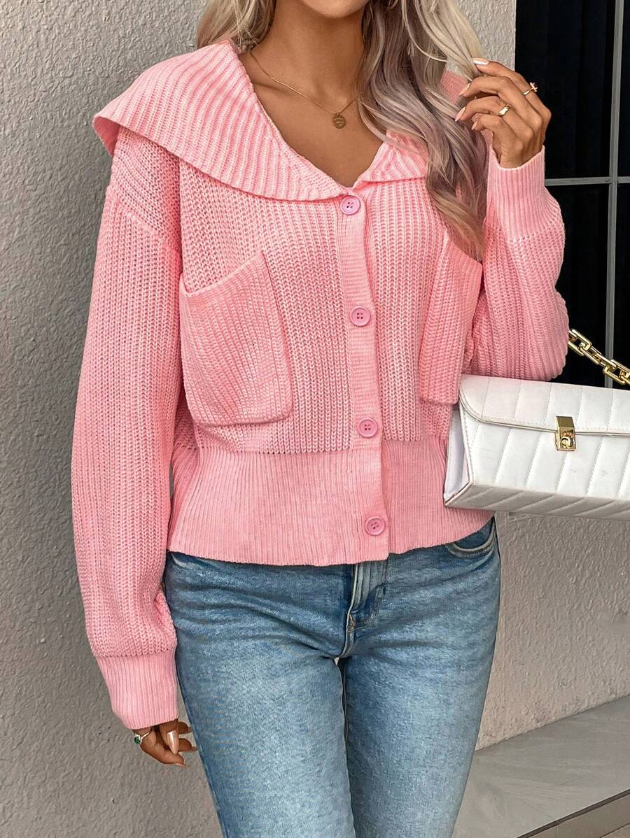 SHEIN Unity Sailor Collar Drop Shoulder Pocket Patched Cardigan - Pink - View 1