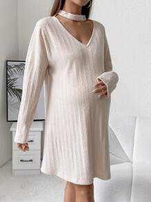 SHEIN Maternidad Vestido de cuello con abertura de ojo de hombros caídos - Albaricoque - Ver 1