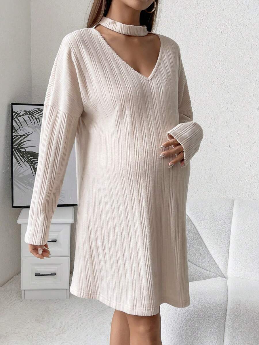 SHEIN Maternidad Vestido de cuello con abertura de ojo de hombros caídos - Albaricoque - Ver 1