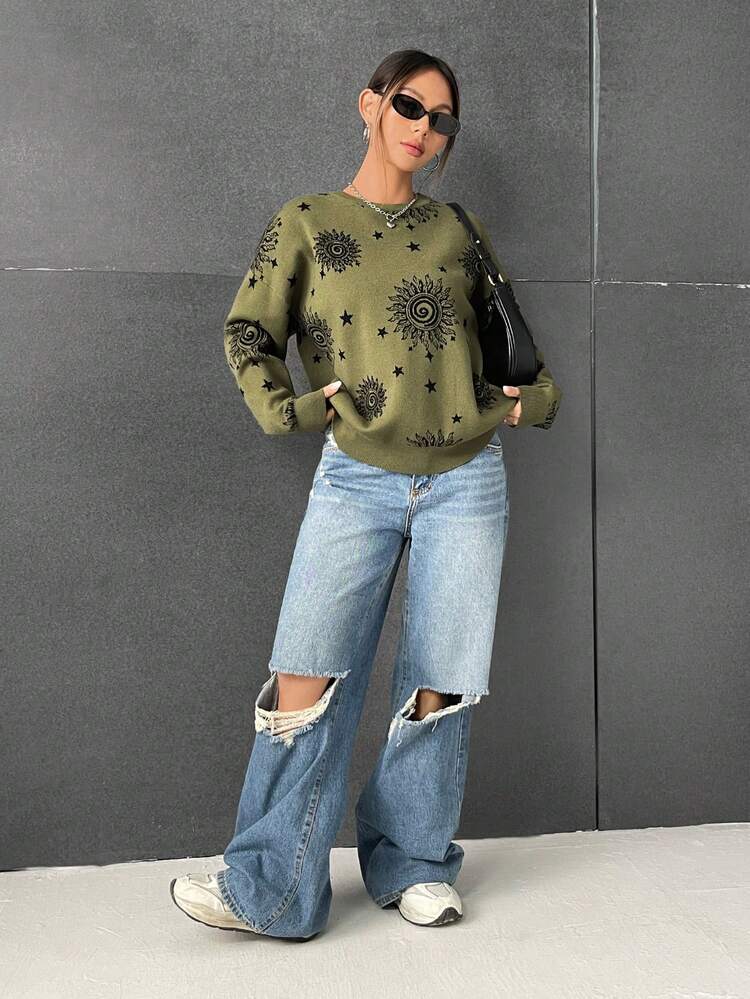 Star & Floral Pattern Drop Shoulder Sweater