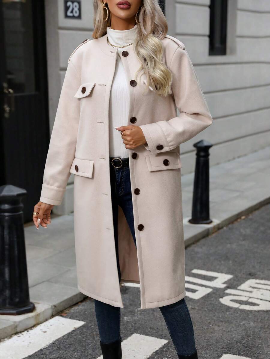 SHEIN LUNE Flap Detail Button Front Overcoat - Apricot - View 1