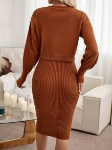 SHEIN Clasi Solid Cami Sweater Dress & Drop Shoulder Cardigan - Brown - View 2