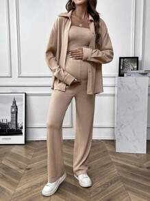 SHEIN Maternity Solid Tube Top & Button Front Shirt & Pants - Apricot - View 7