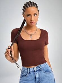 SHEIN EZwear Square Neck Rib-knit Form Fitted Tee - Chocolate Brown - View 6