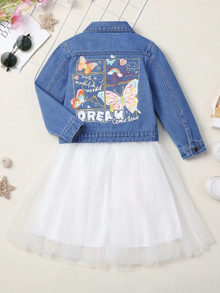 Young Girl Butterfly & Letter Graphic Denim Jacket - Medium Wash - View 1