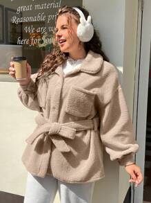 SHEIN EZwear 大碼落肩袖腰帶絨毛外套 - 卡其色 - 查看 4