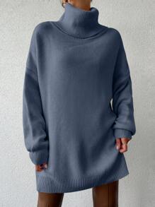 EURMUSE 高領落肩毛衣(不含腰帶) - 淺藍色 - 查看 4