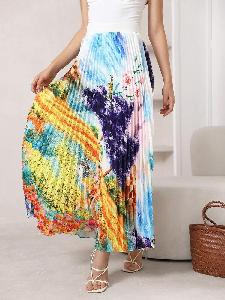 Plants Print Pleated Skirt Without Belt