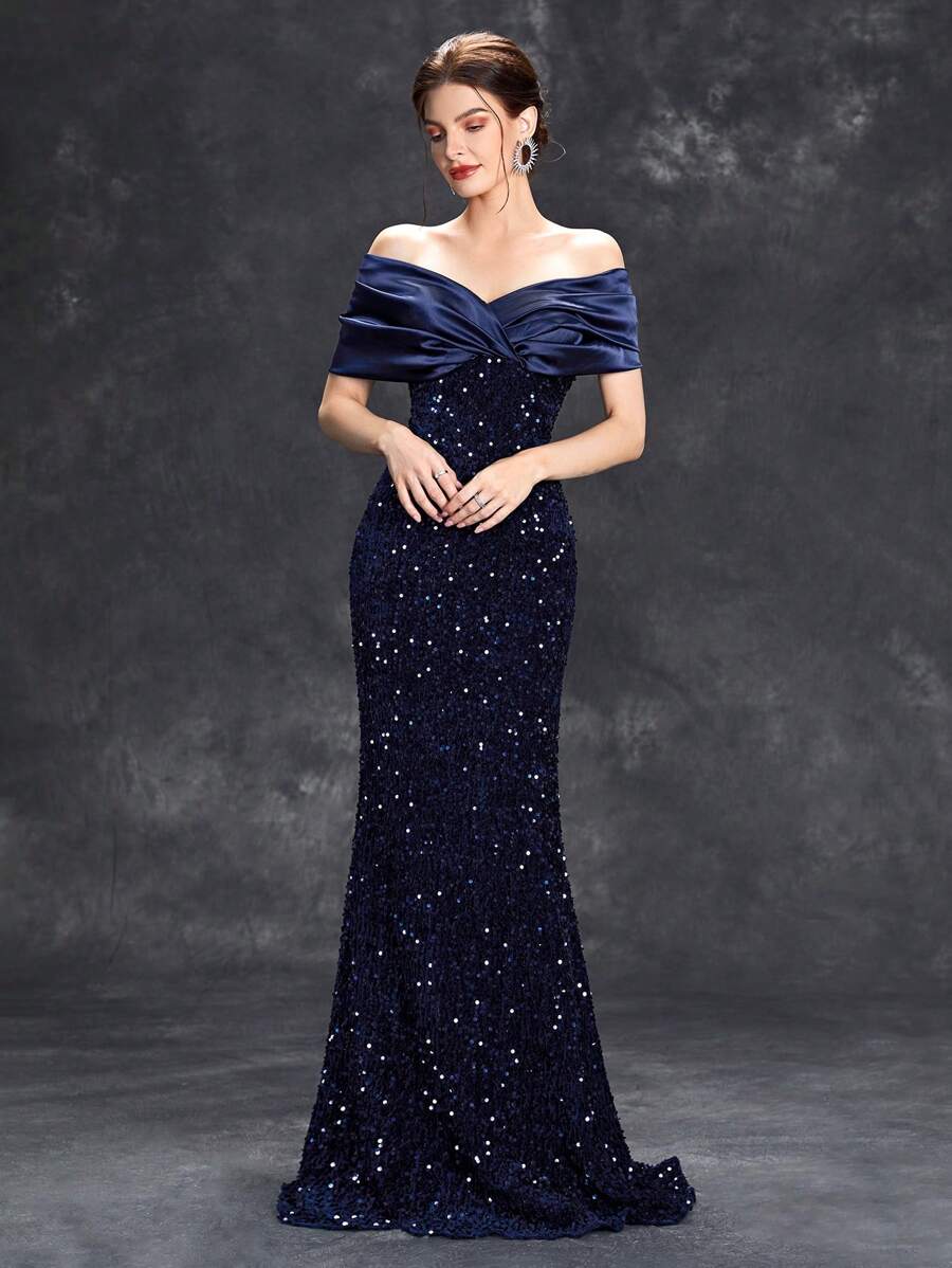 Off-Shoulder Ruffle Sequin Formal Dress, Mermaid Style Elegant Gown For Prom, Wedding Guest, Graduation Ceremony, Cocktail Party Spring - Navy Blue - View 1