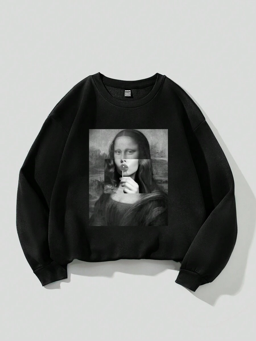 Tseoso 女士休闲肖像印花宽松圆领套头运动衫，秋冬季，长袖上衣 - 黑色 - 查看 1