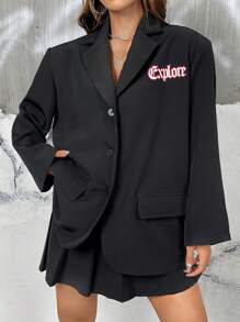 SHEIN EZwear Slogan Graphic Lapel Neck Drop Shoulder Blazer - Black - View 5
