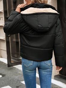 SHEIN Frenchy Zip Up Hooded Padded Coat For Winter - Black and White - View 2