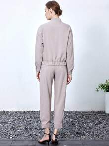 SHEIN BIZwear 翻蓋口袋落肩袖夾克和褲子 - 駝色 - 查看 2