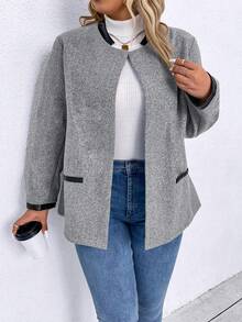 SHEIN LUNE Plus Contrast Trim Open Front Overcoat - Light Grey - View 5
