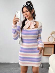 SHEIN Qutie 條紋圖案大圓領毛衣洋裝帶系帶 - 粉色 - 查看 4