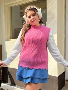 SHEIN EZwear Plus 1pc Distressed Trim Sweater Vest - Pink - View 4