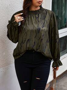 Calvaya Hơn In Toàn bộ tay áo lá sen Lá sen tỉa Cổ giả Áo sơ mi - xanh quân đội - Xem 4