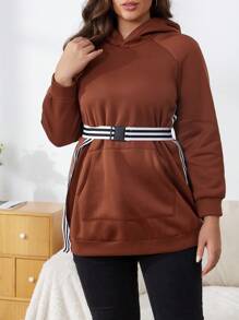 Flirla Sudadera con bolsillo canguro, mangas raglán y cinturón, talla grande - Marrón - Ver 3