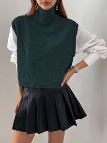 Dazy Star 1 pieza Chaleco de cuello alto con bajo dividido para otoño e invierno - Verde Oscuro - Ver 4