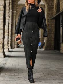 SHEIN Clasi Button Front Ribbed Knit Skirt - Black - View 6