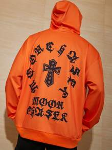Men Chinese Letter & Cross Graphic Drop Shoulder Hoodie - Orange - View 1