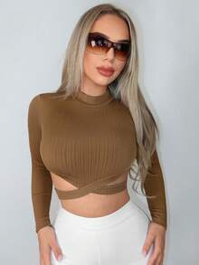 SHEIN SXY Viền chéo Cổ giả Áo phông Crop - Cà phê nâu - Xem 4