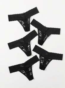 SHEIN 5pack Scallop Trim Lace Thong Set, Sexy Lingerie - Black - View 2