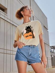 SHEIN EZwear 人物和字母圖案T恤 - 杏色 - 查看 4