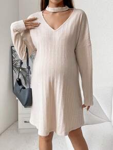 SHEIN Maternidad Vestido de cuello con abertura de ojo de hombros caídos - Albaricoque - Ver 4