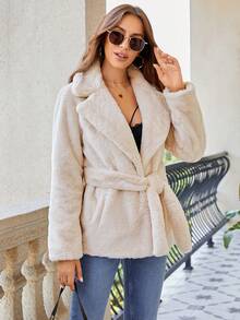 RELISH NOLESS Lapel Neck Belted Teddy Coat - Beige - View 4